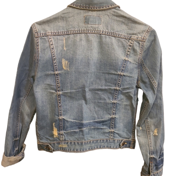 Jean jacket denim Light Wash Distressed By ZCO Jeans 100% Cotton Strechy Medium - Picture 3 of 6